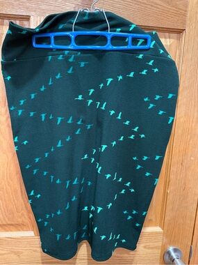 LuLaRoe Dark Green Skirt with fun mint and Teal Bird Print